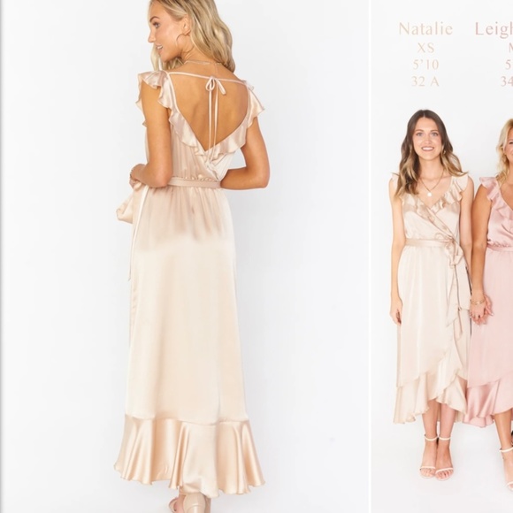 Show Me Your MuMu Samantha Ruffle Wrap bridesmaid dress in Champagne Luxe Satin - Picture 2 of 2